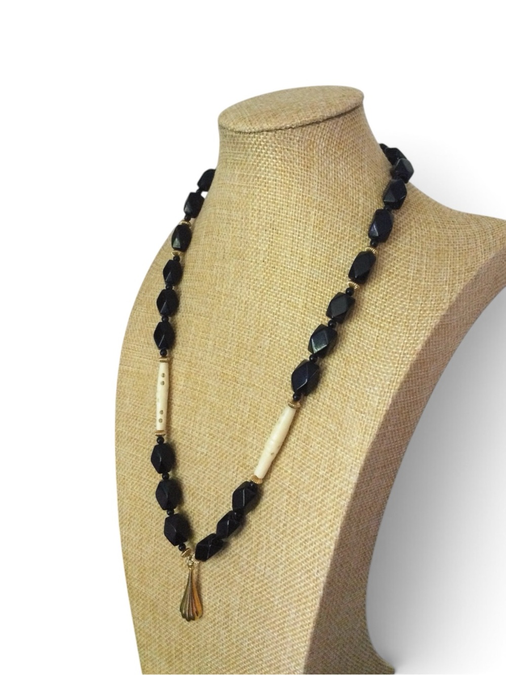 Vintage Carved Bone & Black Beaded Necklace with KJL Pendant - Picture 5 of 13